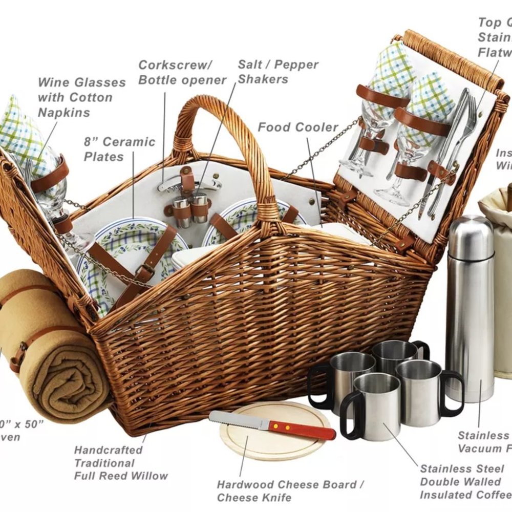 Huntsman English-Style Willow Picnic Basket with Service for 4